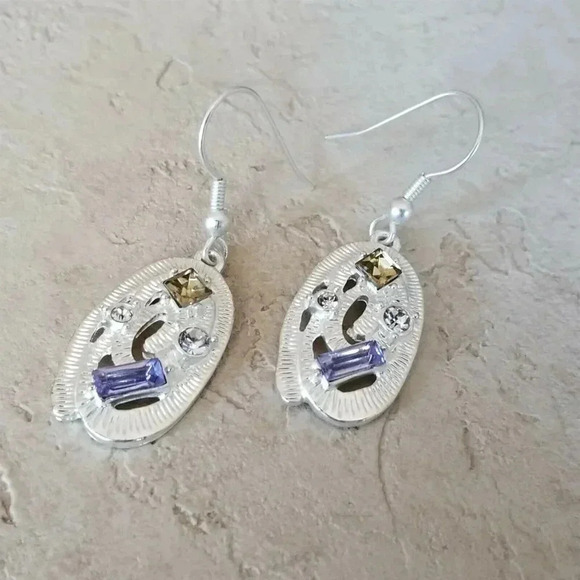 Sterling Silver Plated Oval Topaz Blue Clear Crystal Art Nouveau Dangle Earrings - Picture 2 of 5